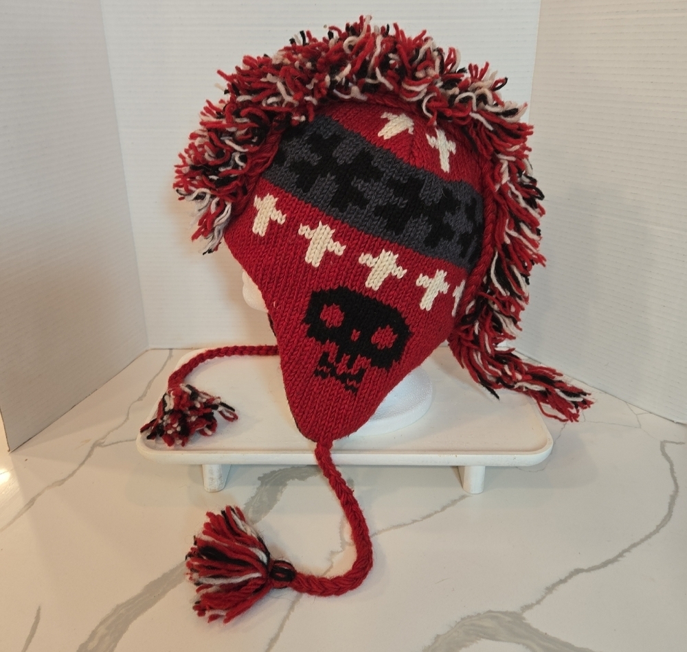 100% Wool Fleece Lined Skull Cross Fringe Ear Flap Snow Ski Hat Red Black Nepal